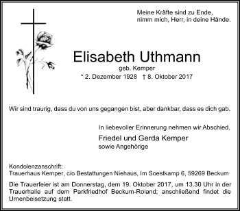 Traueranzeige von Elisabeth Uthmann von Die Glocke