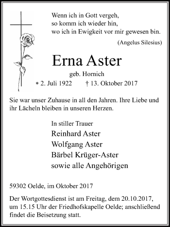 Traueranzeige von Erna Aster von Die Glocke