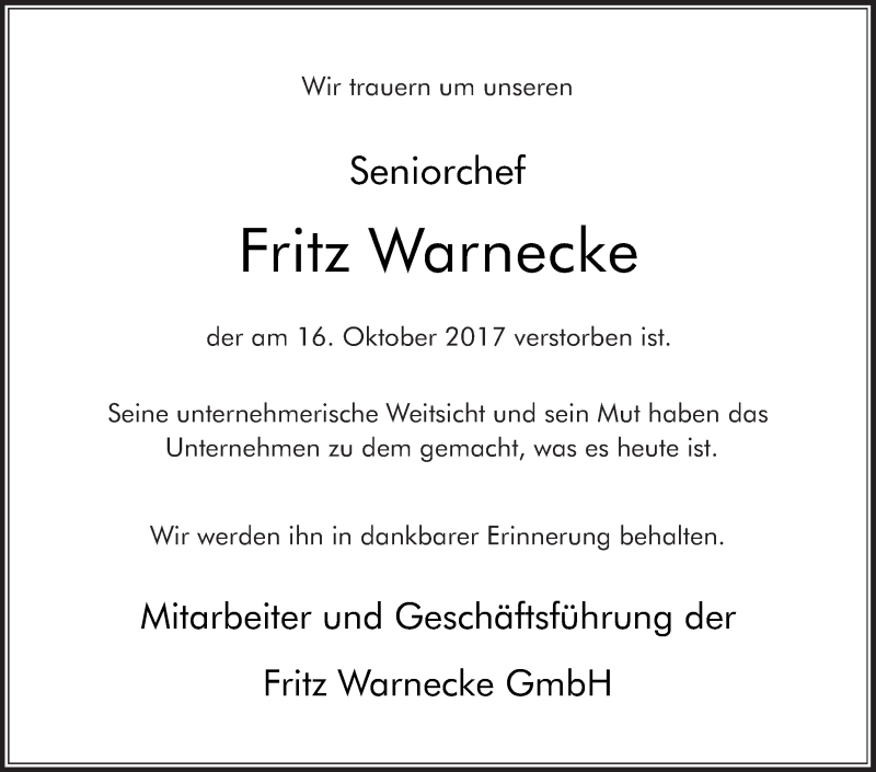  Traueranzeige für Fritz Warnecke vom 19.10.2017 aus Die Glocke