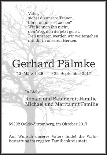 Traueranzeige von Gerhard Pälmke von Die Glocke