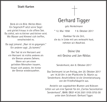 Traueranzeige von Gerhard Tigger von Die Glocke