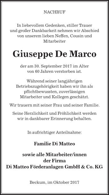 Traueranzeige von Giuseppe De Marco von Die Glocke