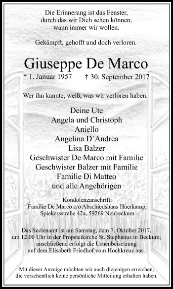 Traueranzeige von Giuseppe De Marco von Die Glocke