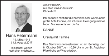 Traueranzeige von Hans Petermann von Die Glocke