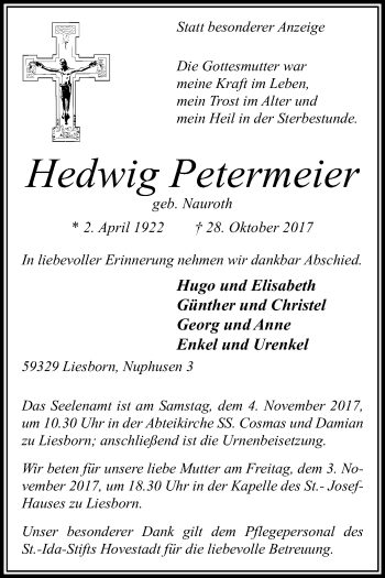 Traueranzeige von Hedwig Petermeier von Die Glocke