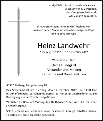 Traueranzeige von Heinz Landwehr von Die Glocke