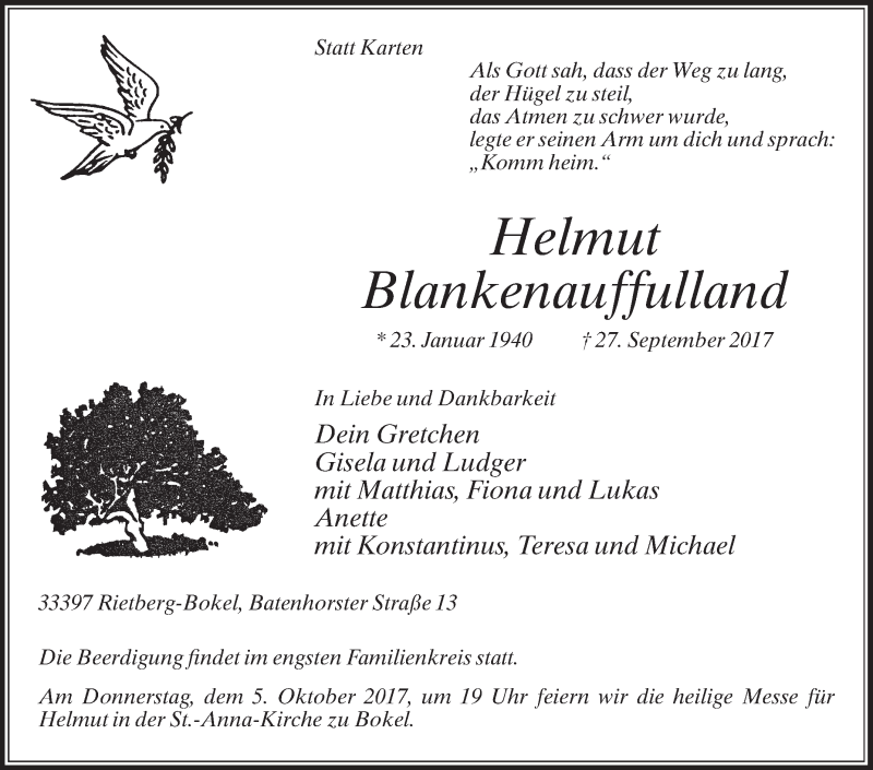  Traueranzeige für Helmut Blankenauffulland vom 02.10.2017 aus Die Glocke