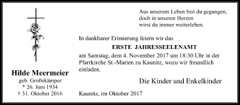Traueranzeige von Hilde Meermeier von Die Glocke