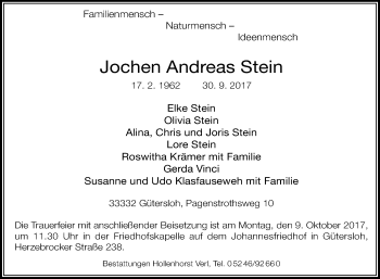 Traueranzeige von Jochen Andreas Stein von Die Glocke