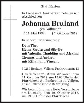 Traueranzeige von Johanna Bruland von Die Glocke