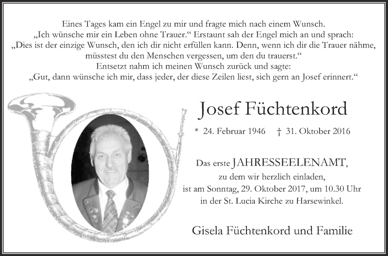  Traueranzeige für Josef Füchtenkord vom 21.10.2017 aus Die Glocke