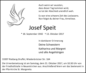 Traueranzeige von Josef Speit von Die Glocke