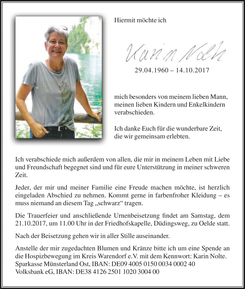  Traueranzeige für Karin Nolte vom 18.10.2017 aus Die Glocke