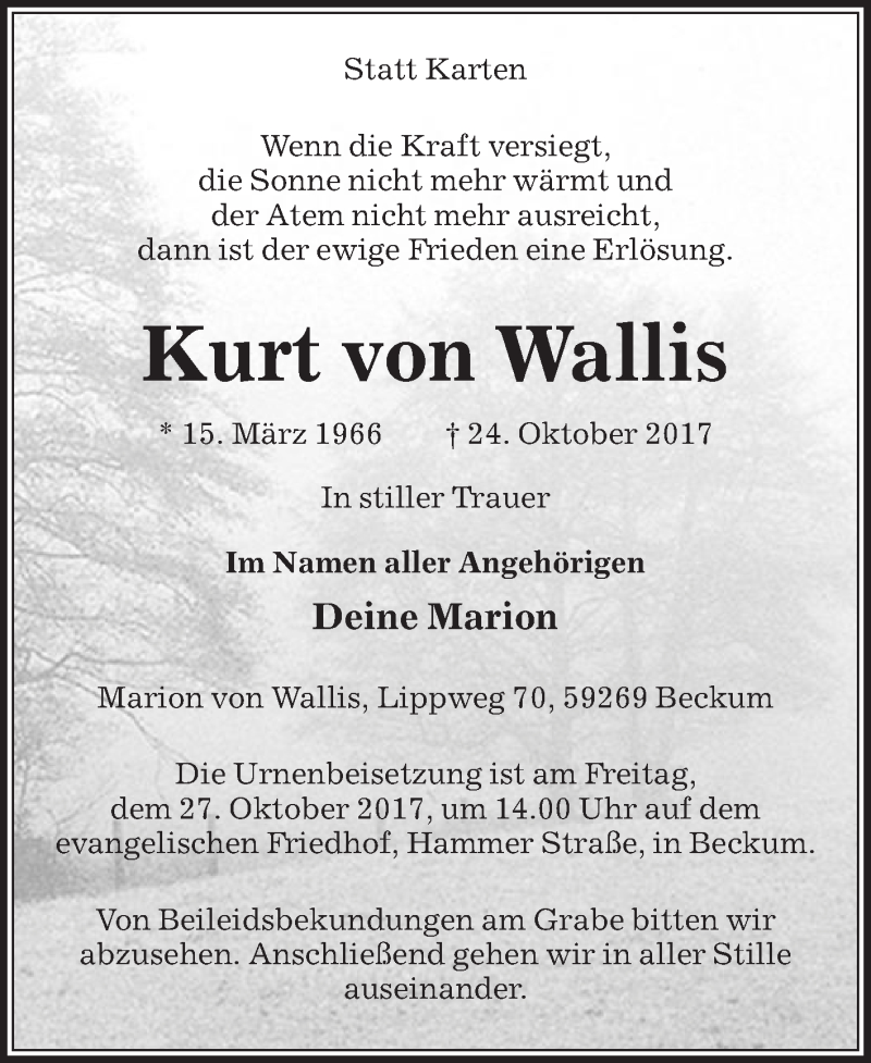  Traueranzeige für Kurt von Wallis vom 26.10.2017 aus Die Glocke
