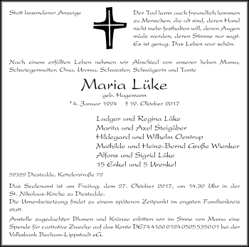 Traueranzeige von Maria Lüke von Die Glocke