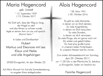 Traueranzeige von Maria und Alois Hagencord von Die Glocke