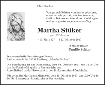 Traueranzeige von Martha Stüker von Die Glocke