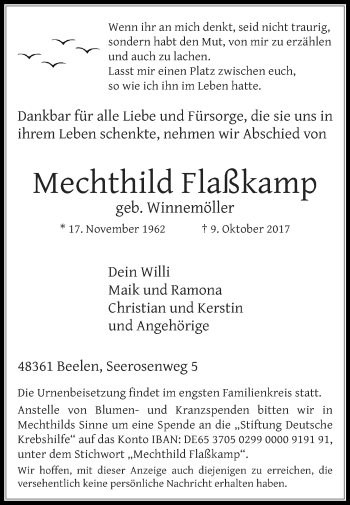 Traueranzeige von Mechthild Flaßkamp von Die Glocke