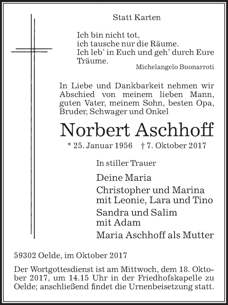  Traueranzeige für Norbert Aschhoff vom 14.10.2017 aus Die Glocke