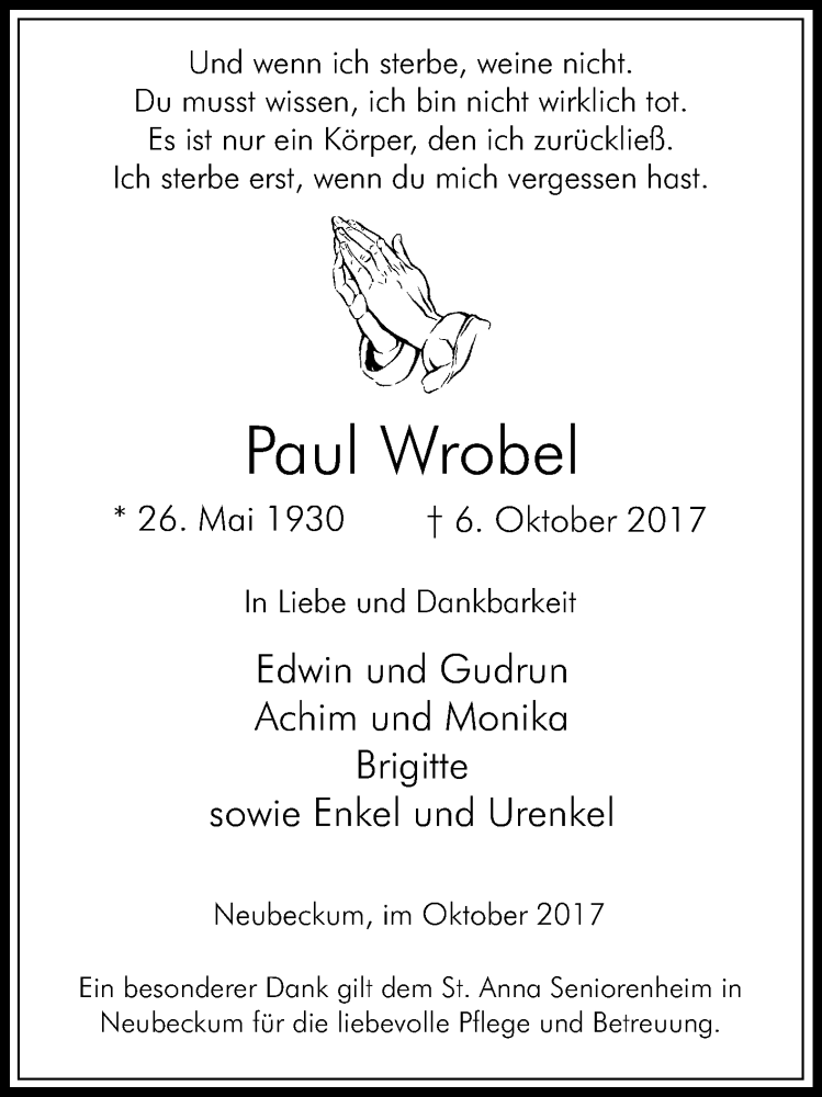  Traueranzeige für Paul Wrobel vom 11.10.2017 aus Die Glocke