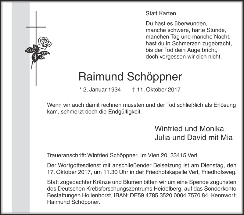  Traueranzeige für Raimund Schöppner vom 13.10.2017 aus Die Glocke