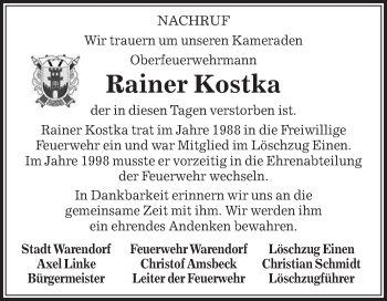 Traueranzeige von Rainer Kostka von Die Glocke