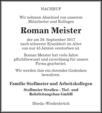 Traueranzeige von Roman Meister von Die Glocke