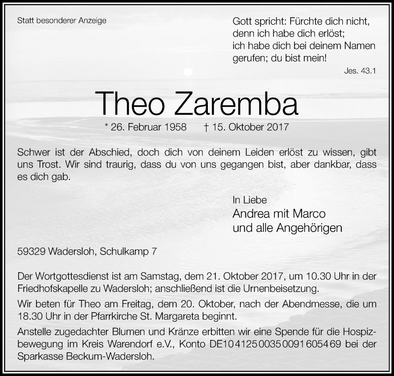  Traueranzeige für Theo Zaremba vom 18.10.2017 aus Die Glocke
