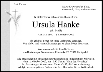 Traueranzeige von Ursula Hanke von Die Glocke