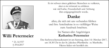 Traueranzeige von Willi Petermeier von Die Glocke