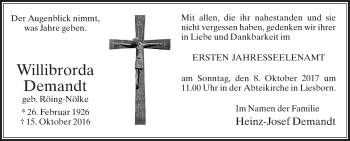 Traueranzeige von Willibrorda Demandt von Die Glocke