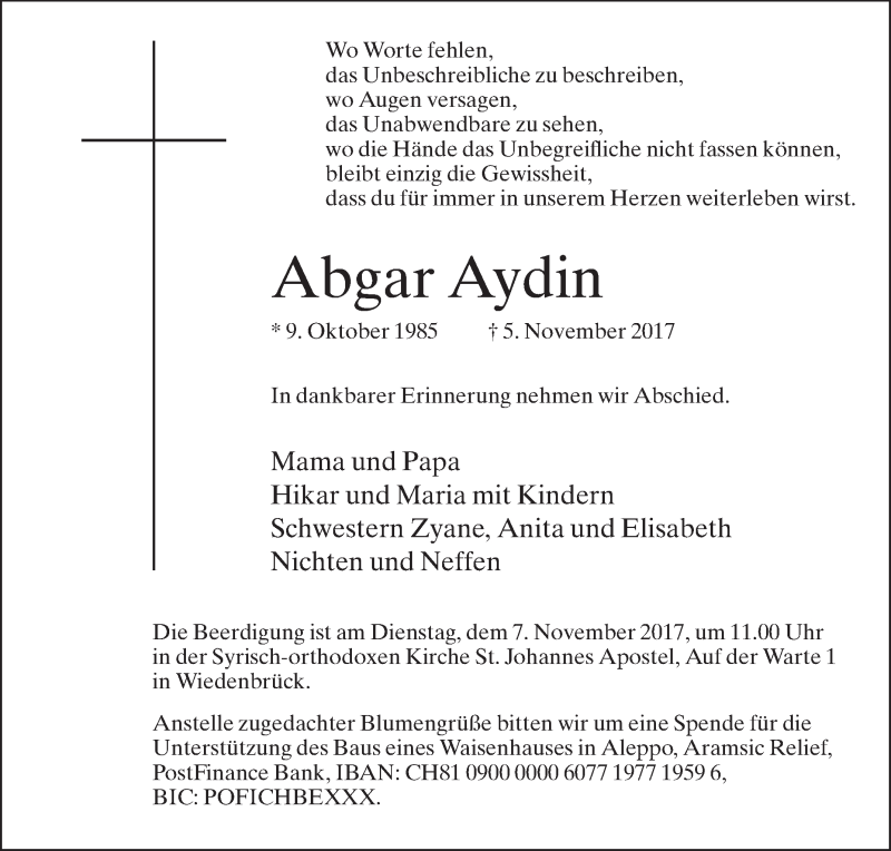  Traueranzeige für Abgar Aydin vom 06.11.2017 aus Die Glocke