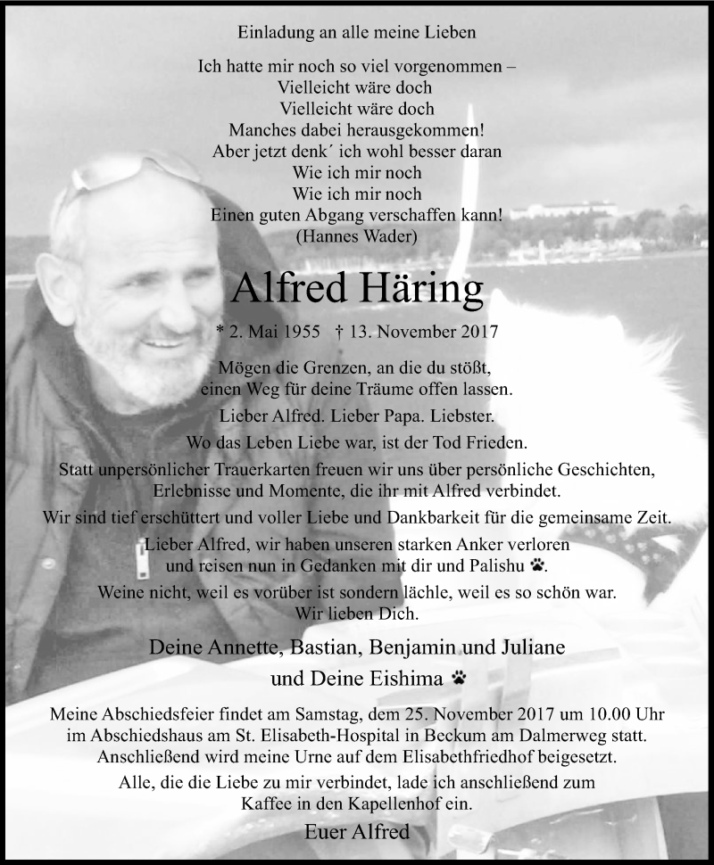  Traueranzeige für Alfred Häring vom 18.11.2017 aus Die Glocke