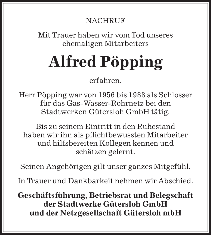  Traueranzeige für Alfred Pöpping vom 16.11.2017 aus Die Glocke