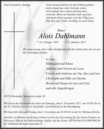 Traueranzeige von Alois Dahlmann von Die Glocke