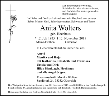 Traueranzeige von Anita Wolters von Die Glocke
