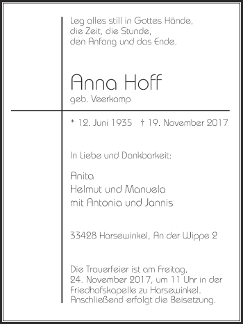 Traueranzeige von Anna Hoff von Die Glocke