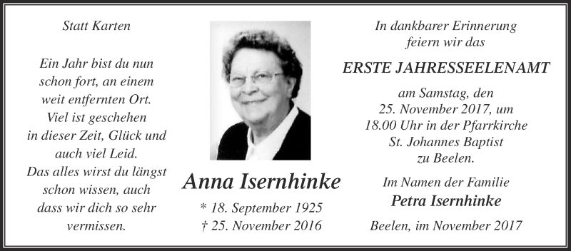  Traueranzeige für Anna Isernhinke vom 18.11.2017 aus Die Glocke