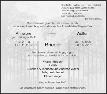 Traueranzeige von Annelore und Walter Brieger von Die Glocke