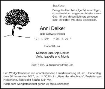 Traueranzeige von Anni Delker von Die Glocke