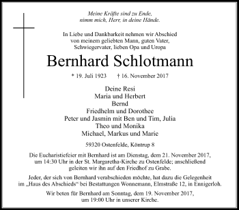 Traueranzeige von Bernhard Schlotmann von Die Glocke