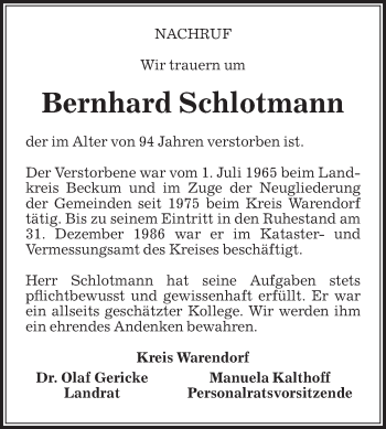 Traueranzeige von Bernhard Schlotmann von Die Glocke