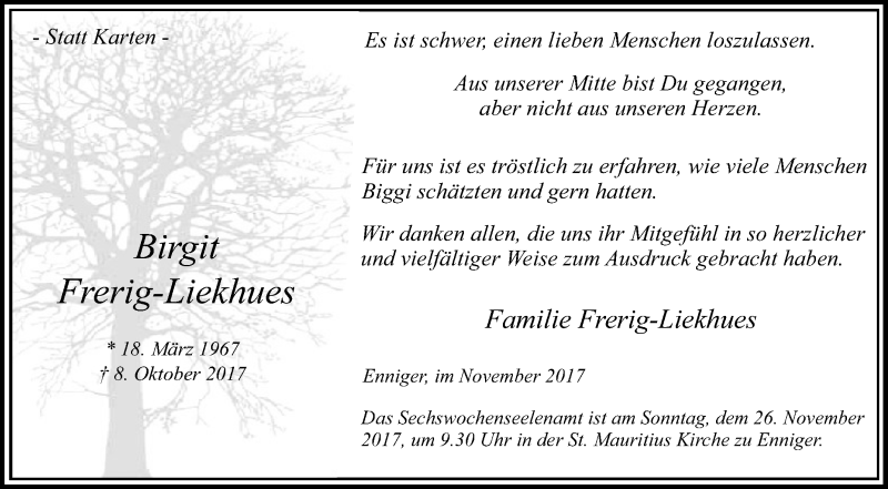  Traueranzeige für Birgit Frerig-Liekhues vom 18.11.2017 aus Die Glocke