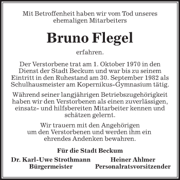 Traueranzeige von Bruno Flegel von Die Glocke