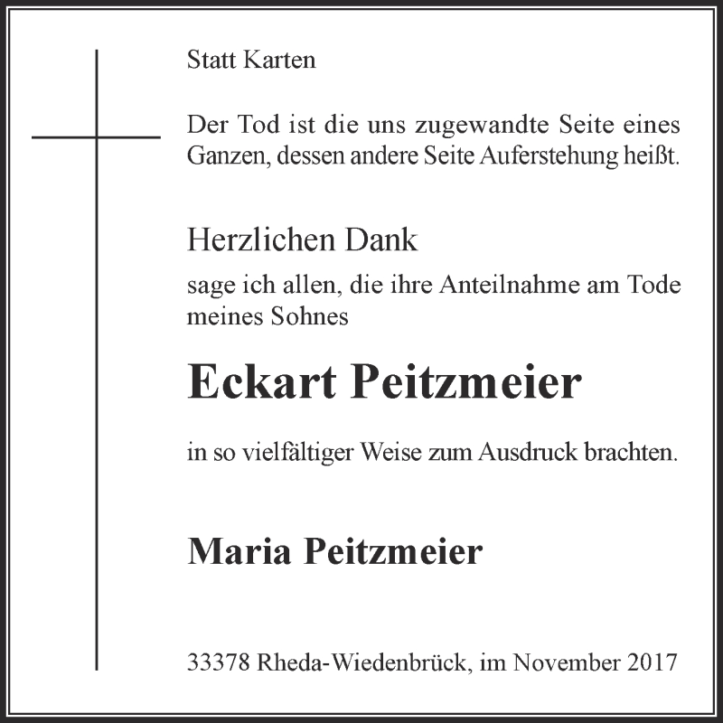  Traueranzeige für Eckart Peitzmeier vom 11.11.2017 aus Die Glocke