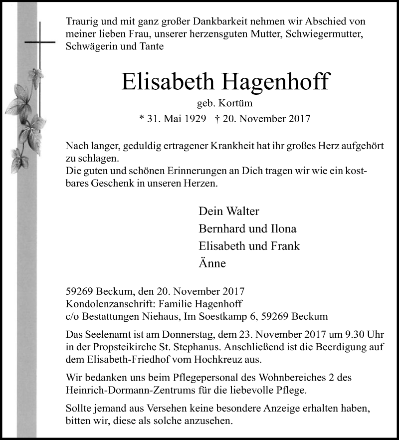  Traueranzeige für Elisabeth Hagenhoff vom 21.11.2017 aus Die Glocke