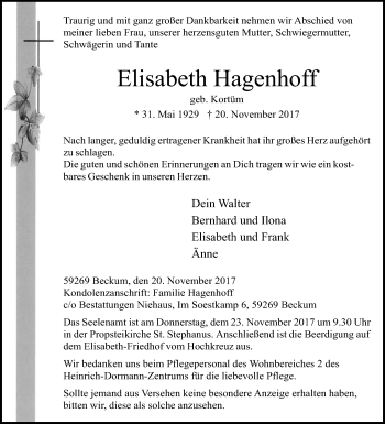 Traueranzeige von Elisabeth Hagenhoff von Die Glocke