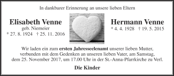 Traueranzeige von Elisabeth und Hermann Venne von Die Glocke