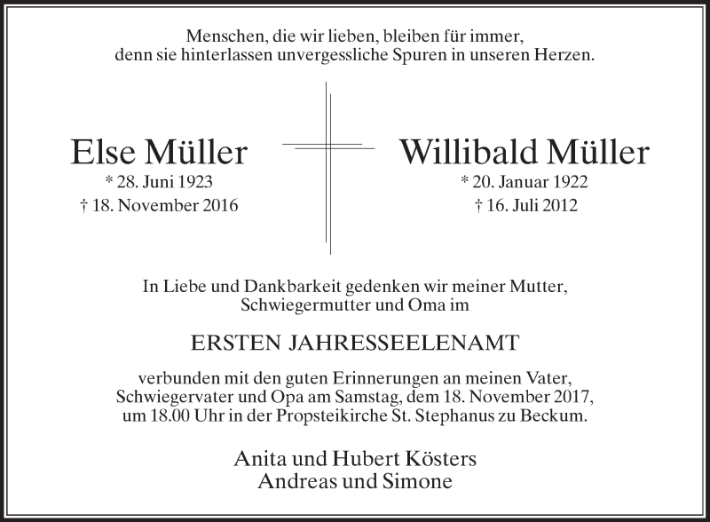  Traueranzeige für Else und Willibald Müller vom 15.11.2017 aus Die Glocke