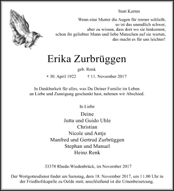 Traueranzeige von Erika Zurbrüggen von Die Glocke